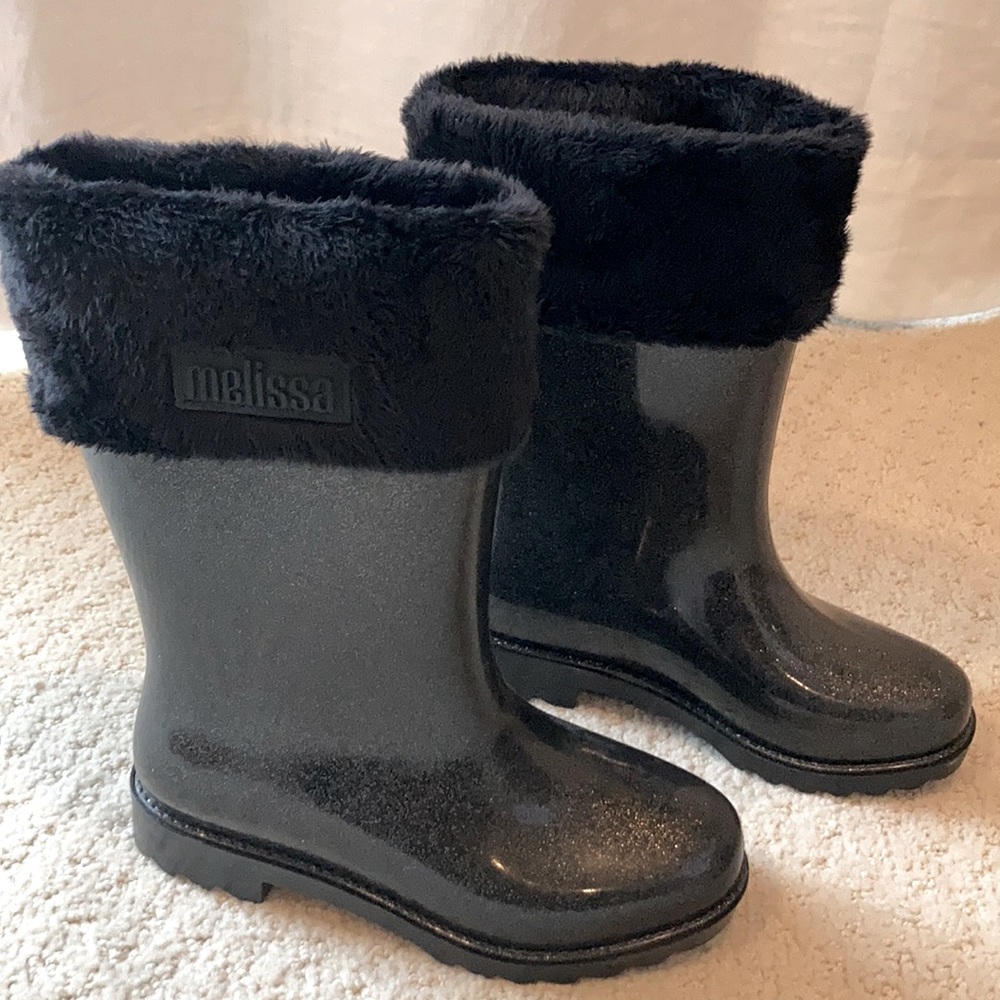 Mini Melissa black glitter rain boots